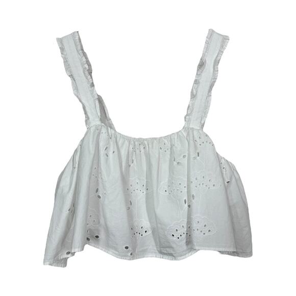 Zara Eyelet Embroidered Ruffle Crop Top Small White Boho Cottage Dainty Coquette - Picture 2 of 8